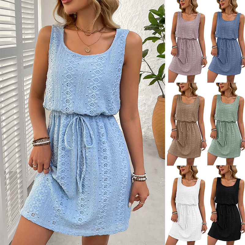 X620Foreign trade cross-border women's square collar spring and summer ladies hollow texture drawstring sleeveless dress