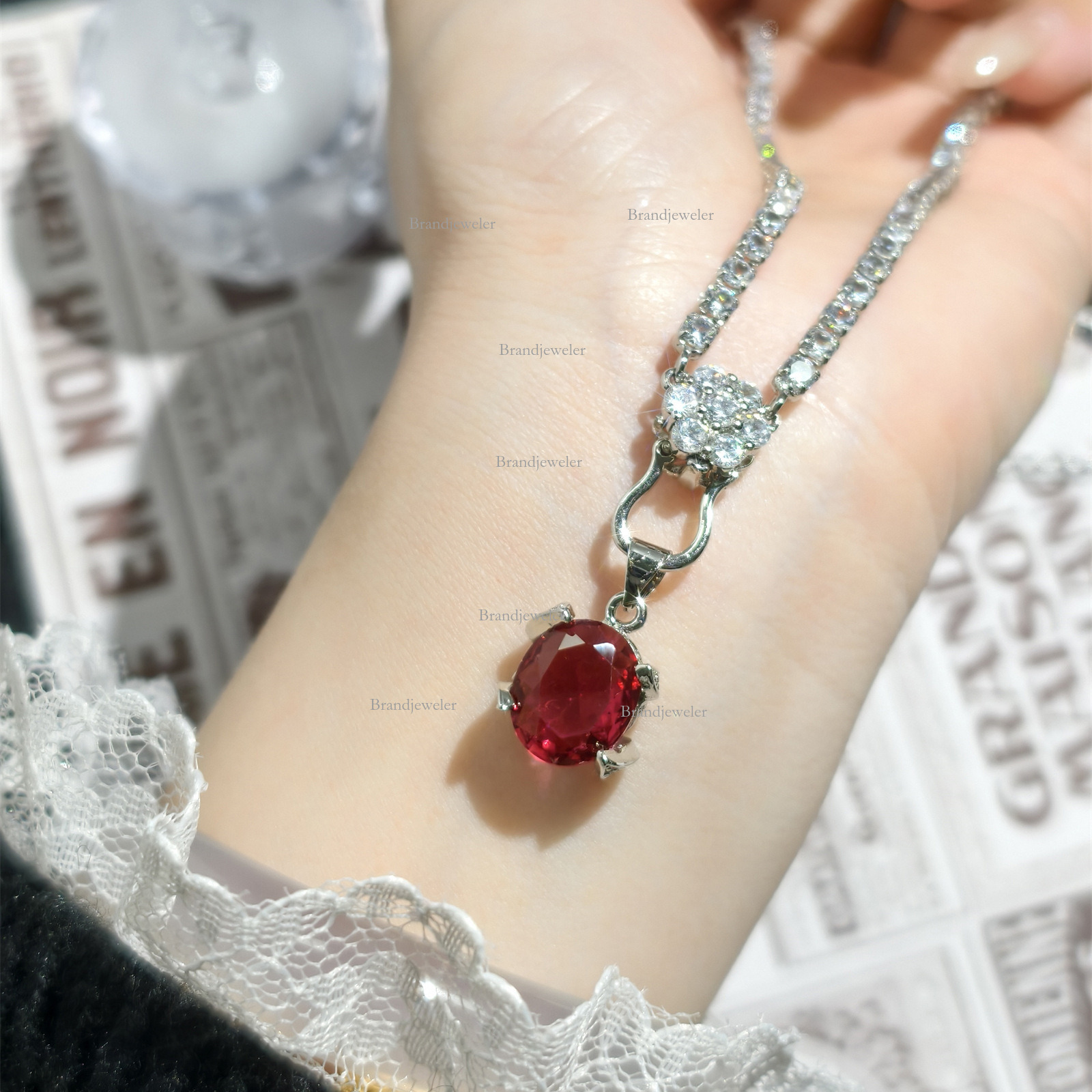 Designer Ladies' Necklace High-end Imitation Pigeon Egg Red Gemstone Free Delivery Inlaid Pendant For Women Light Luxury Open Ring And Earrings T