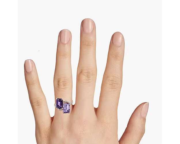 Wedding Engagement Jewelry High-end 14k Rose Gold Emerald Cut Amethyst Diamond Two Stone Ring