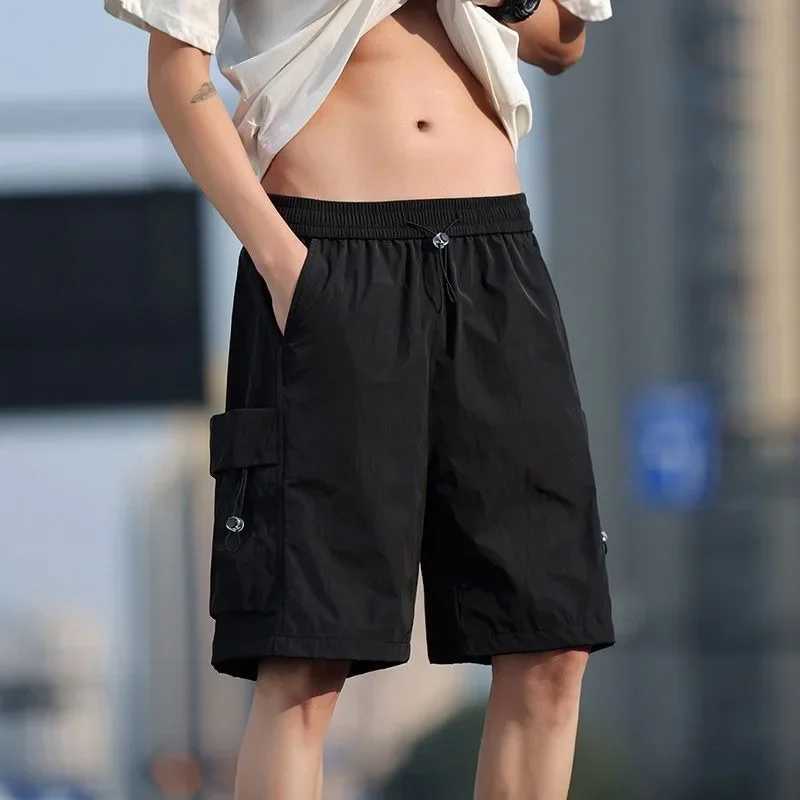 Wide with Draw String Elastic Waist Baggy Loose Solid Pockets Short Pants for Men Mens Cargo Shorts Long Half Distressed Nylon W250621