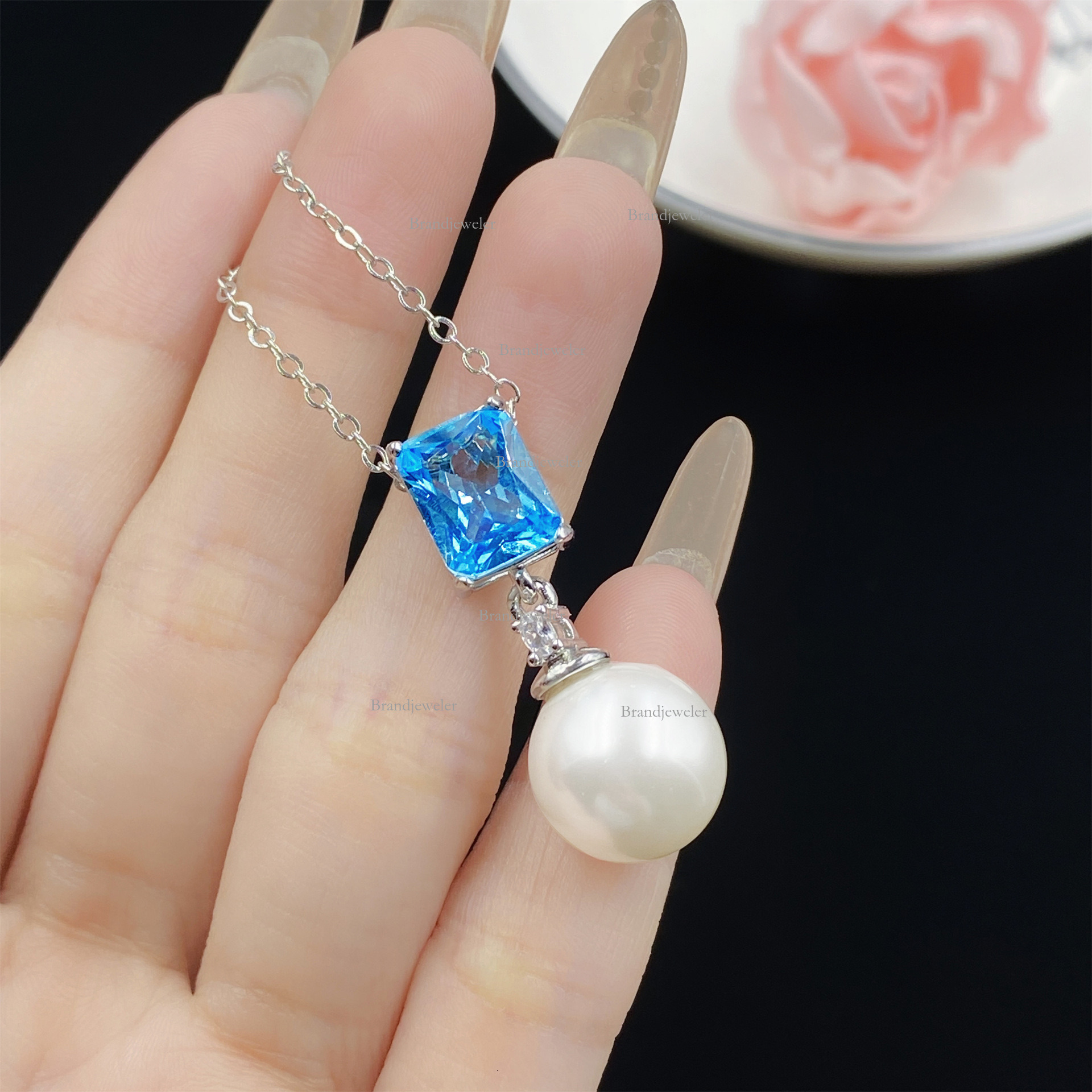 Natural Shell Pearl Comparable To Pearl Free Delivery Cap Simulation Aquamarine 2025 Model Topaz Set Designer Necklace Open Ring Women's Elegant 