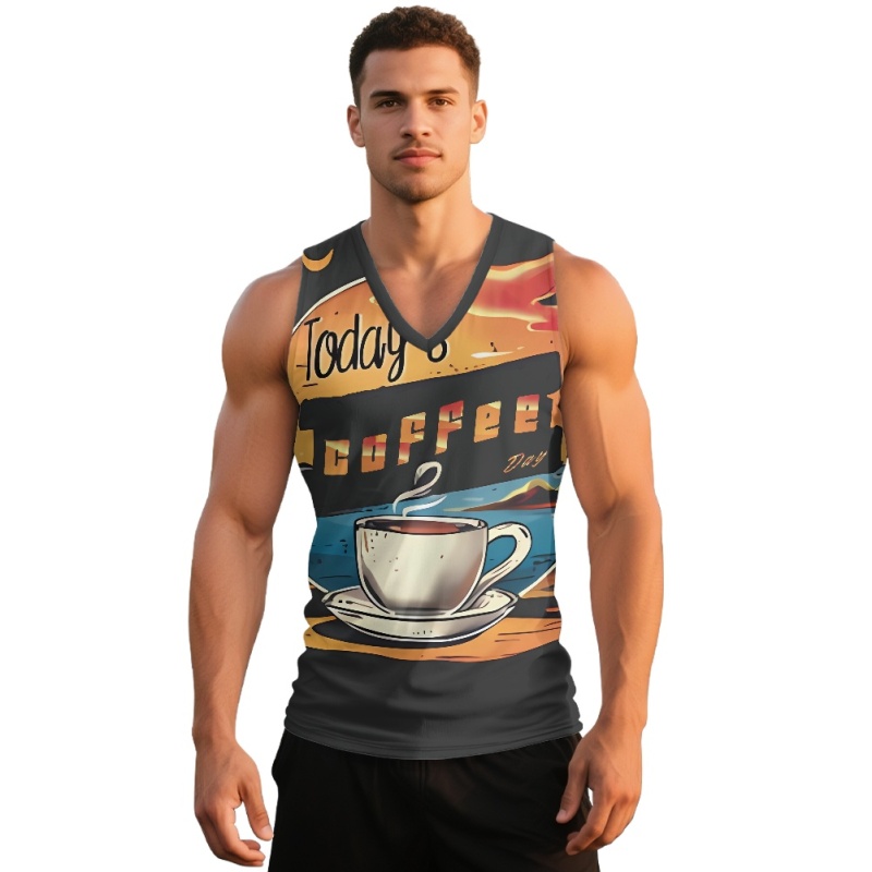 National Trend Retro Designer Summer Fun Cartoon Street Graffiti Print Vest for Men Pure Cotton Loose Sleeveless T-Shirt with V-Neck