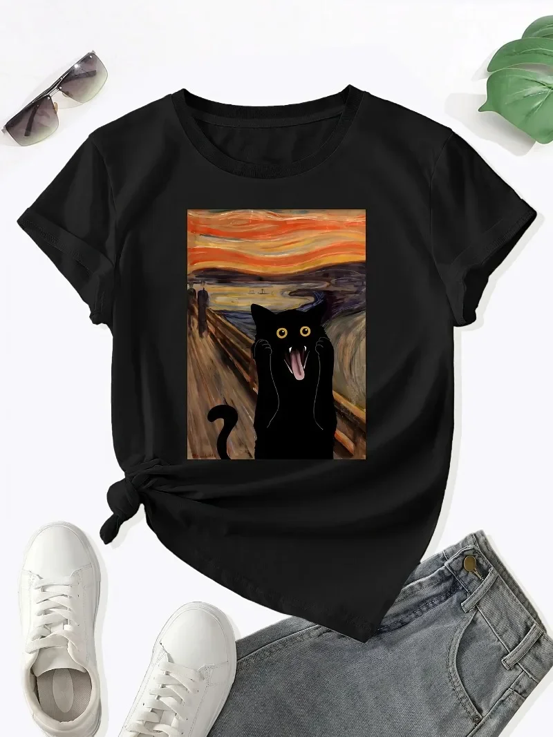 Scared Cat Print Crew Neck Women's T-shirt Casual Short Sleeve Top for Spring Summer Y2k Top Women's Clothing Y2k Top Graphic