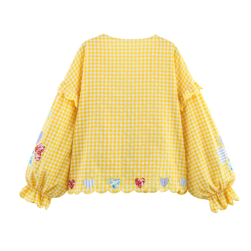 2025 Spring/Summer New Casual Women's Clothing Love Grid Embroidered Lace up Shirt with Bow Decoration