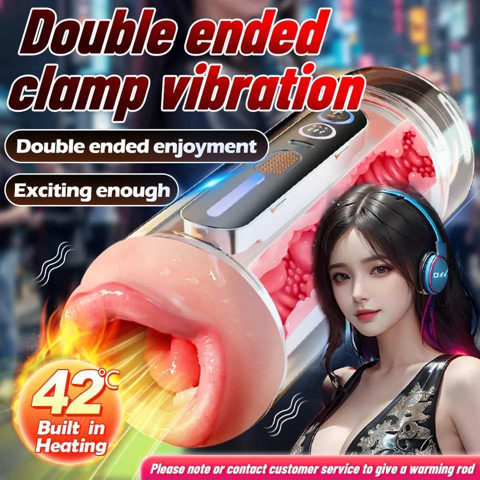 Automatic Male Masturbator Mouth Vagina Double-Headed Penetration Channel Vibrating Heating Blowjob Moaning Pocket Pussy Sex Toy W250621