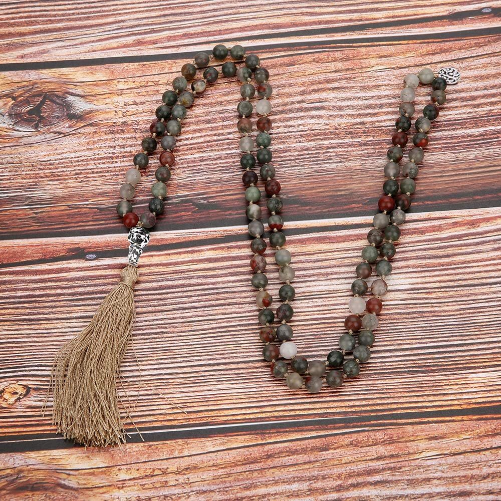 Buddhist Consecration Beads Necklace Attract Prosperity Semi-Precious Gem Stones Meditation Necklace Hand Knotted Japa Mala Beaded Tassel Necklace Pen