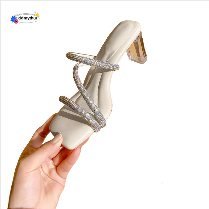 Stepping on Clouds Sandals Women, Thin Heel with Rhinestones, 2025 New Summer French Style Elegant One-Strap Slippers, High Heels for Outdoor Wear