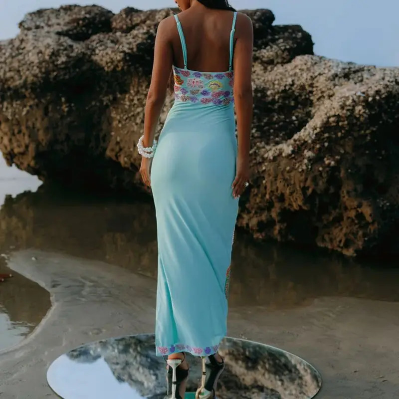 Combhasaki Women Summer Y2K Aesthetic Colorful Sequin Shell Print Sleeveless Adjustable Straps Square Neck Straight Long Dress 250617