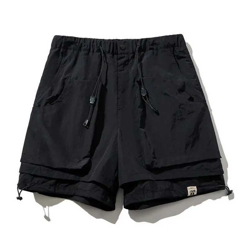 Loose Mens Cargo Shorts Black Elastic Waist with Draw String Male Short Pants Luxury Y2k Cotton Japanese Street Style Summer W250621