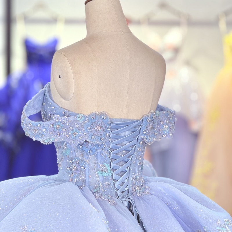Blue Shiny Quinceanera Dresses Ball Gown Off The Shoulder Sequin Applique Lace Beading Crystal Tull Corset Sweet 16 Dress Vestidos 15 Anos