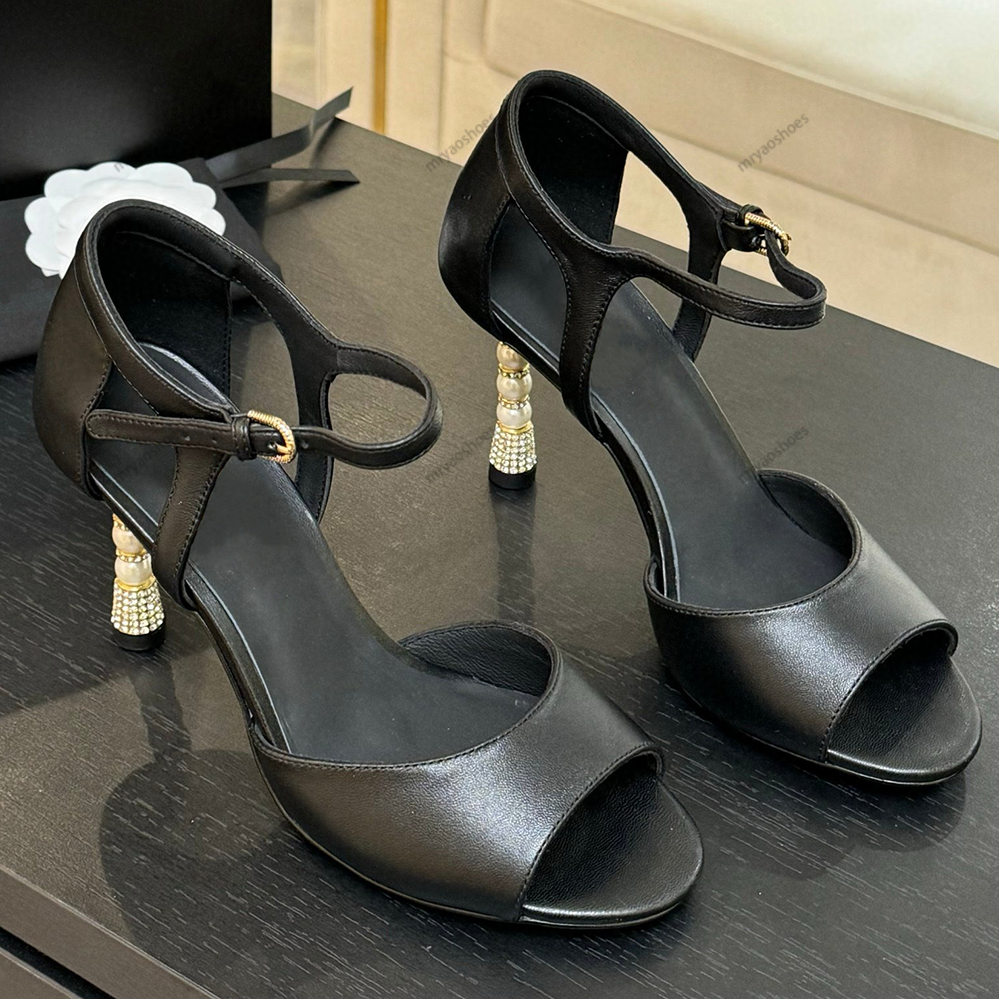 Famous Designers Women Suede Dress Shoes Top Quality Lady 8.5 cm pearl heel Genuine Leather Classic Chunky Heel Buckle Strap Open/Pointed Toes Shoes Size 35-41 With Box