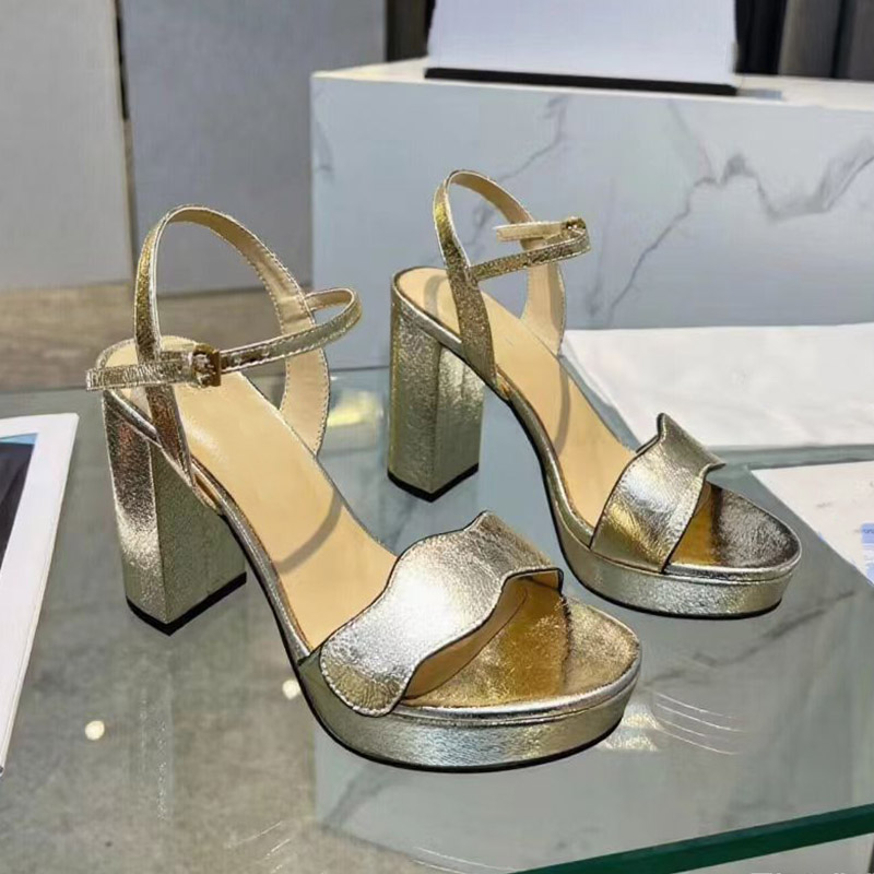 Summer designer sandals women high heels leather shoes thick bottom lace up fashion metal buckle women's wedding shoe