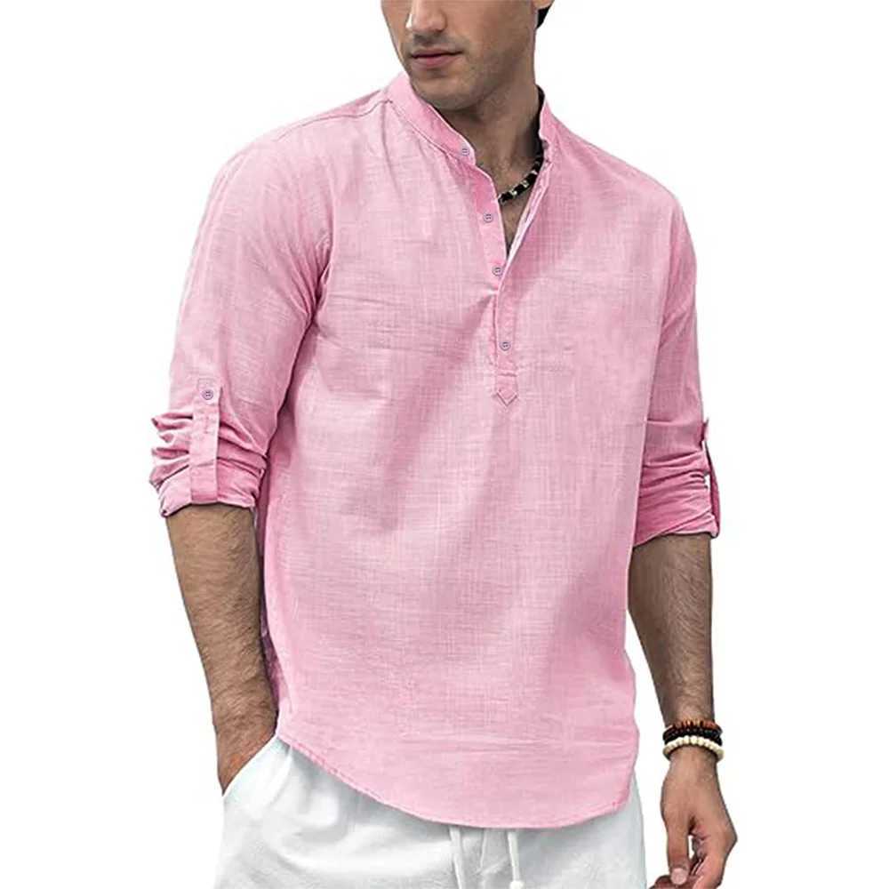 Mens Cotton Linen Long Sleeve Polo Shirt Lightweight Henley Neck Hawaiian Beach Style Solid Color Tops Vacation T-shirt XJ250621