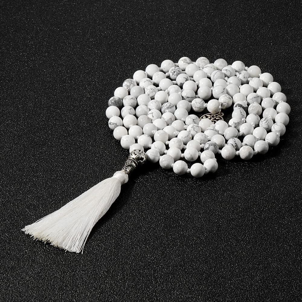 Attract Prosperity 108 Mala Prayer Beads Necklace Natural Stones Meditation Yoga Jewery 108 Hand Knotted Japa Mala Beaded Long Tassel Necklace Pendant