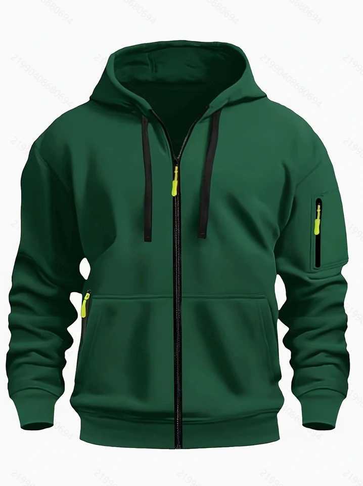 Mens Casual Sports Hoodies Fashion Drawstring Sweatshirts Solid Loose Fit Arm Pocket Long Sleeve Zipper Top SweatshirtsXJ250621