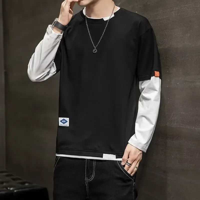 Mens Long Sleeve T-Shirt Base Layer Top Korean Style Two-Piece Illusion Round Neck Slimming Effect Autumn ClothingXJ250621
