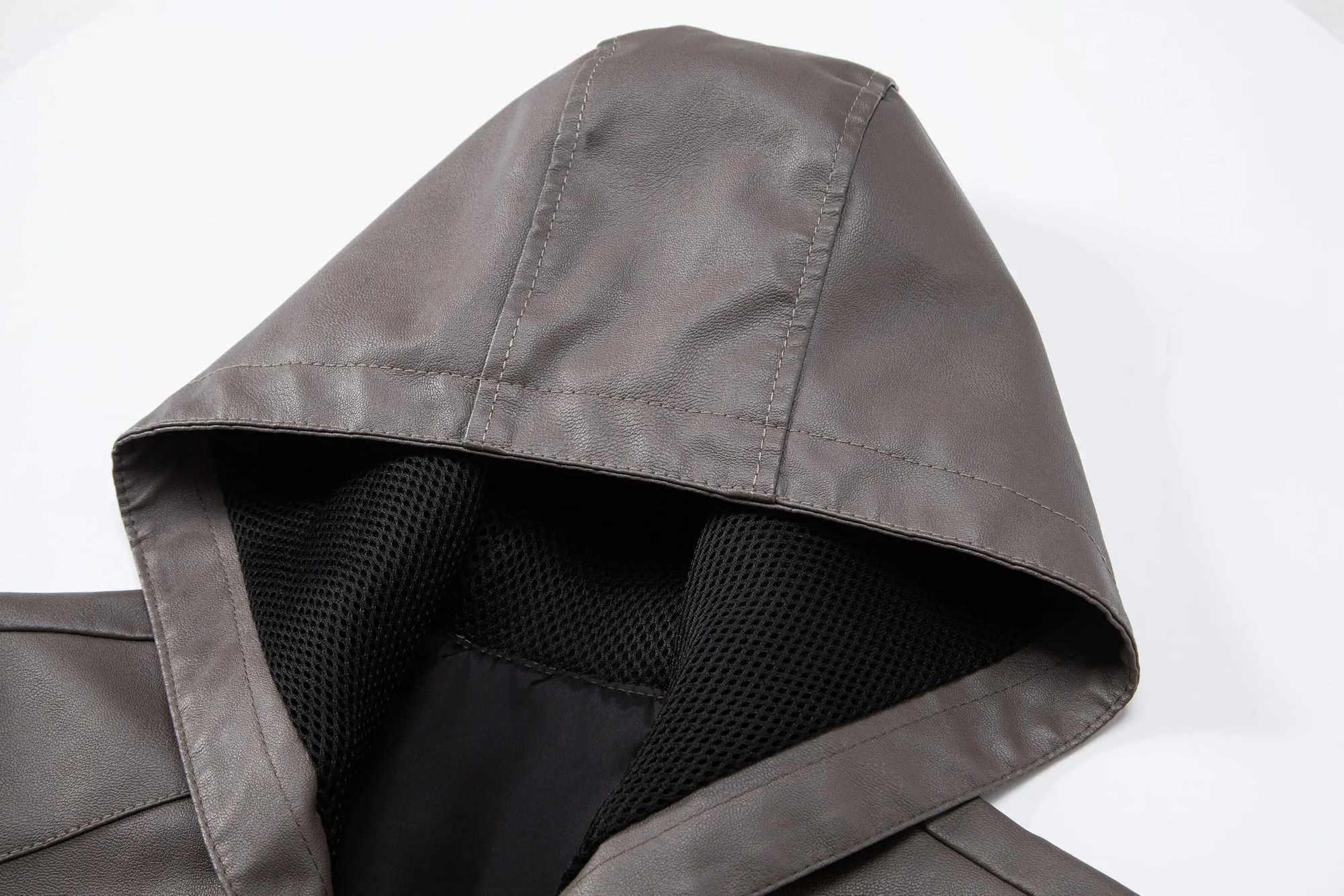 TRAF Autumn and Winter New Hooded Leather Mens Plus Fleece Thickened Slim Motorcycle PU Leather Youth CoatXJ250621