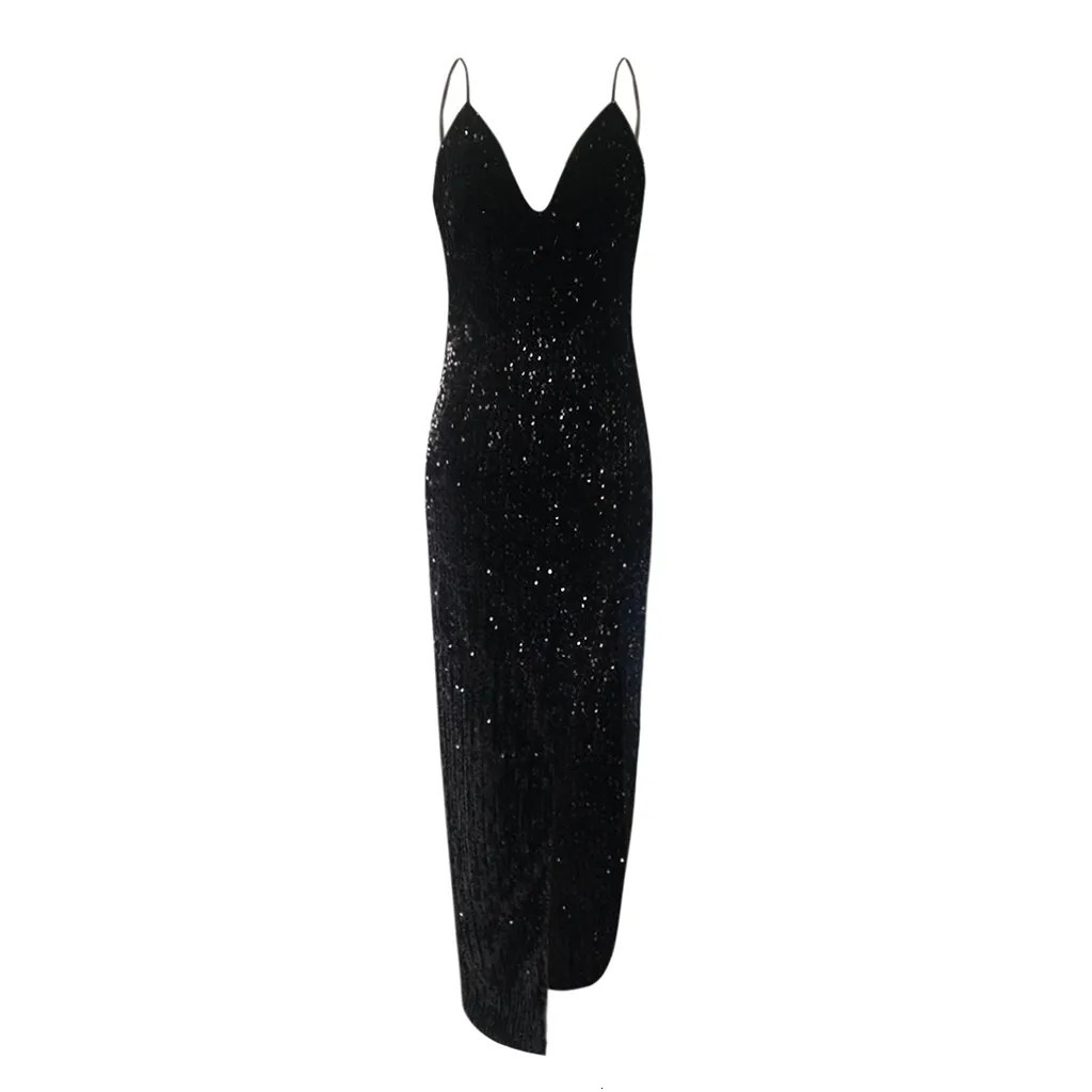 Black Dresses Women Glitter Sequined Sleeveless Suspender Long Dress Womens V-Neck Bodycon Backless Floor Length Split Dress 250617