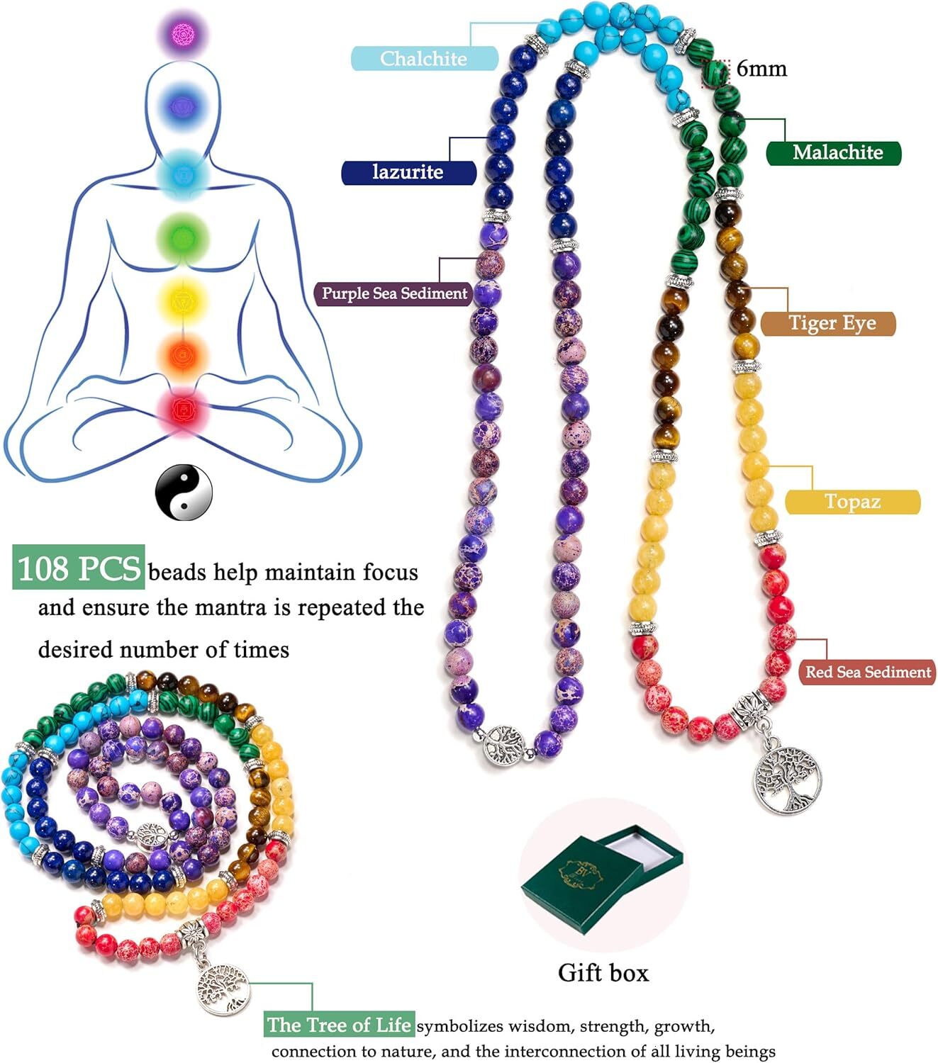 Attract Prosperity Zen 108 Beads Necklace Long Beaded Wrap Bracelets Genuine Gemstone Mala Prayer Beads Lotus Buddha Charm Yoga Meditation Necklace