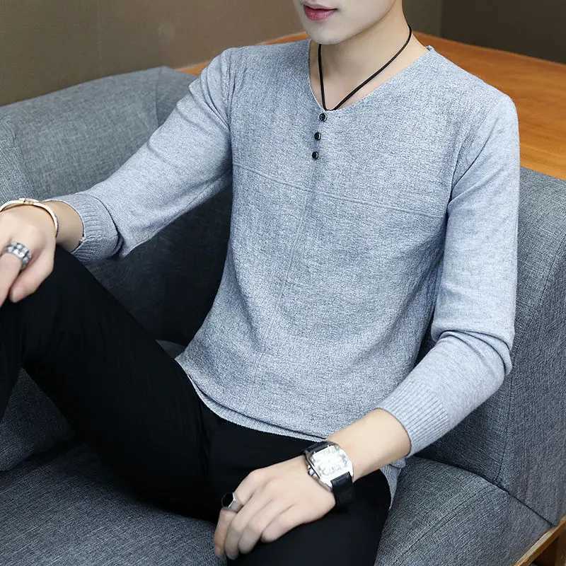 Fashion Solid Color V-Neck Knitted Button All-match Sweater Mens Clothing 2022 Autumn New Casual Pullovers Loose Korean Tops Z250621