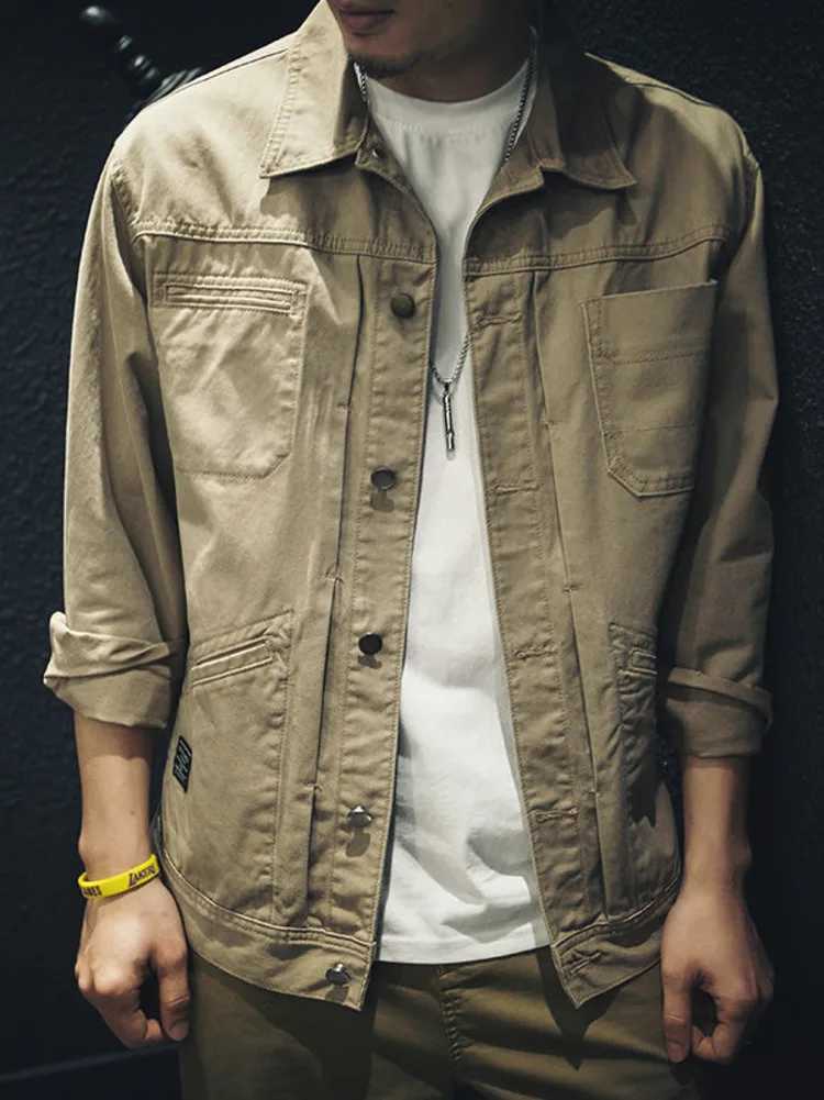 Vintage Cargo Denim Jacket Mens Washed Loose Casual Cotton Long Sleeve Jacket Men Spring Autumn Shirt Coat XJ250621