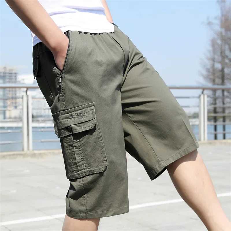 Military Cotton Cargo Shorts Mens Zipper Pocket Casual Calf Length Pants Mens Loose Straight Cotton Work Shorts Man Clothes W250621