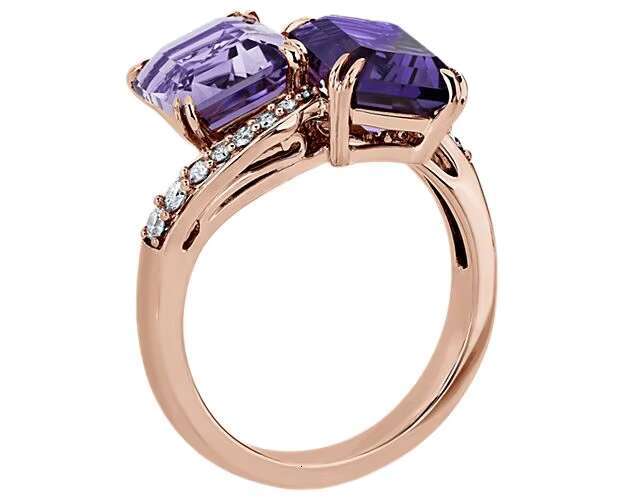 Wedding Engagement Jewelry High-end 14k Rose Gold Emerald Cut Amethyst Diamond Two Stone Ring