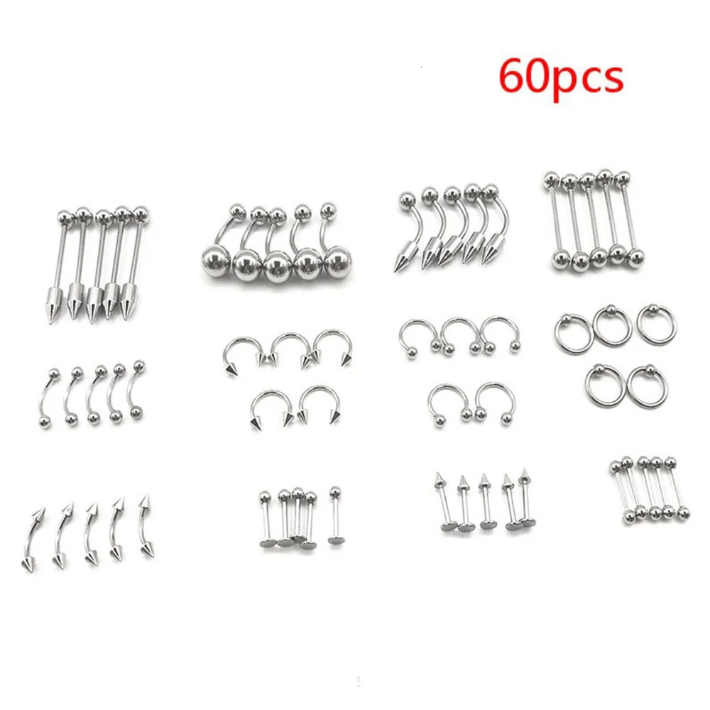 12/60/85 Mixed Body Piercing Jewelry Stainless Steel Nose Ring Tongue Nails Navel Eyebrow Nails Lip Piercing Jewelry 250617