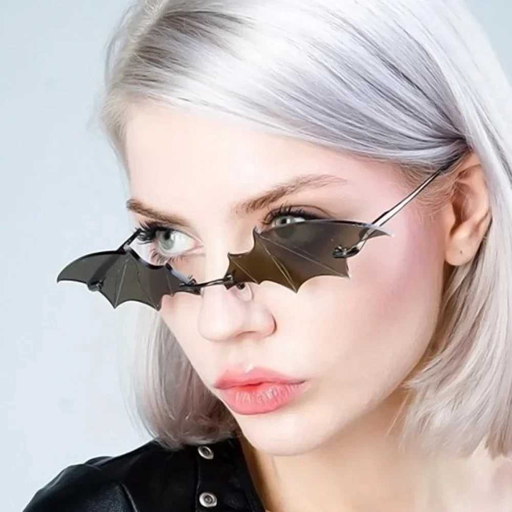 Fashion Rimless Men Sunglasses Women Trendy Bat Shaped Sun Glasses Female Male Vintage Black Mirror Shades Metal Oculos De Sol W250621