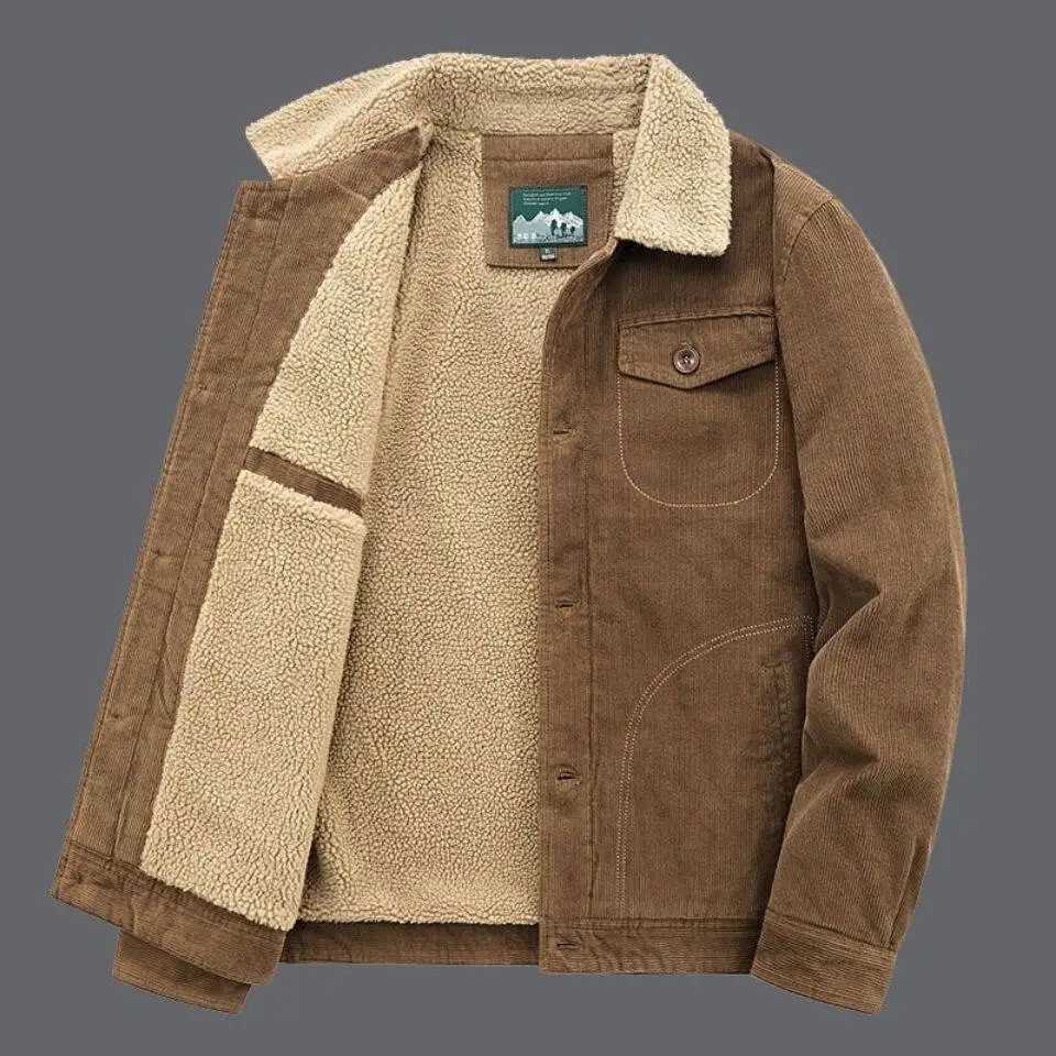 Corduroy Jacket Men Winter Thick Warm Parkas Coats Male Casual Multiple pockets Oversized Fleece Jackets Mens Solid Clothing XJ250621