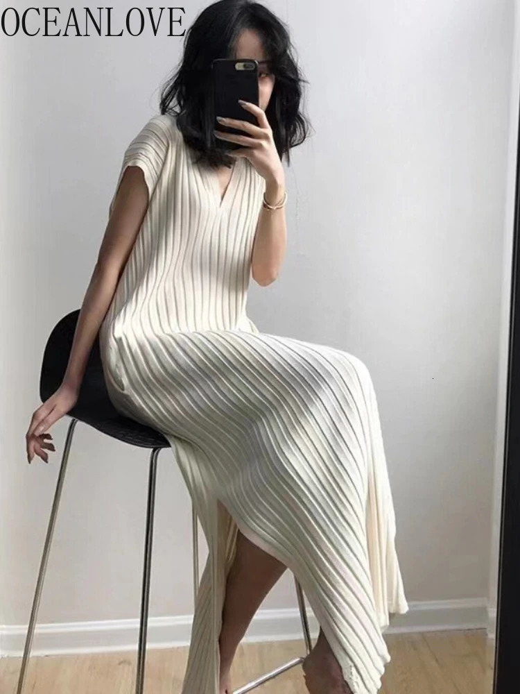 OCEANLOVE V Neck Solid Knitting Women Dresses Korean Fashion Chic Sleeveless Loose Vestidos Spring Summer Robe Femme 250617