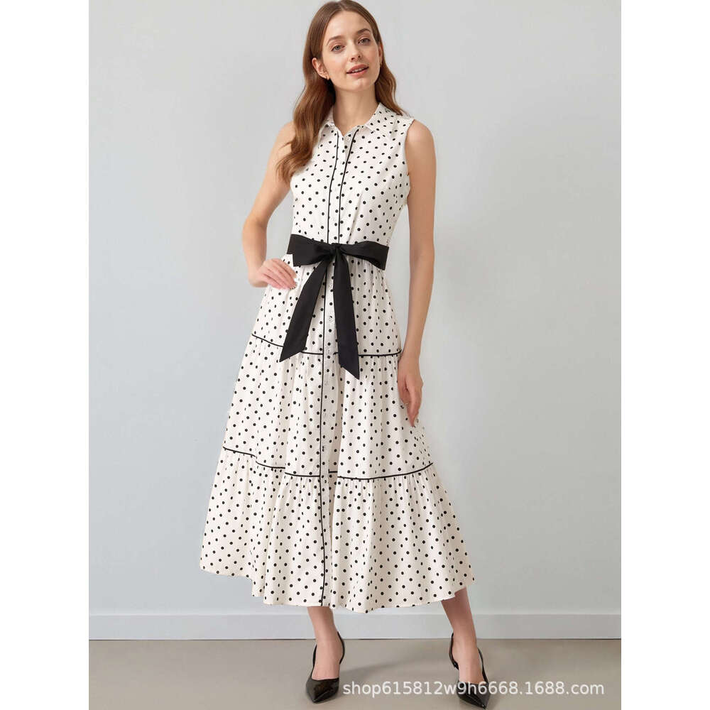 Long Dress European Style Elegant Women S Fashion Spring Summer New Sleeveless Turn Down Collar Polka Dot Dress Sexy Long Skirt