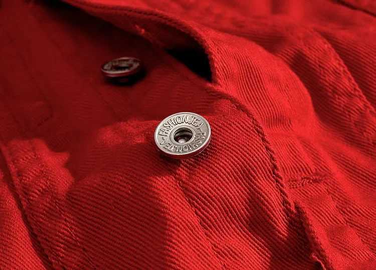 Spring Autumn New Fashion Mens Casual Trendy Red Solid Color Hole Patched Jeans Jacket Long Sleeve Motorcycle Denim Coat MaleXJ250621