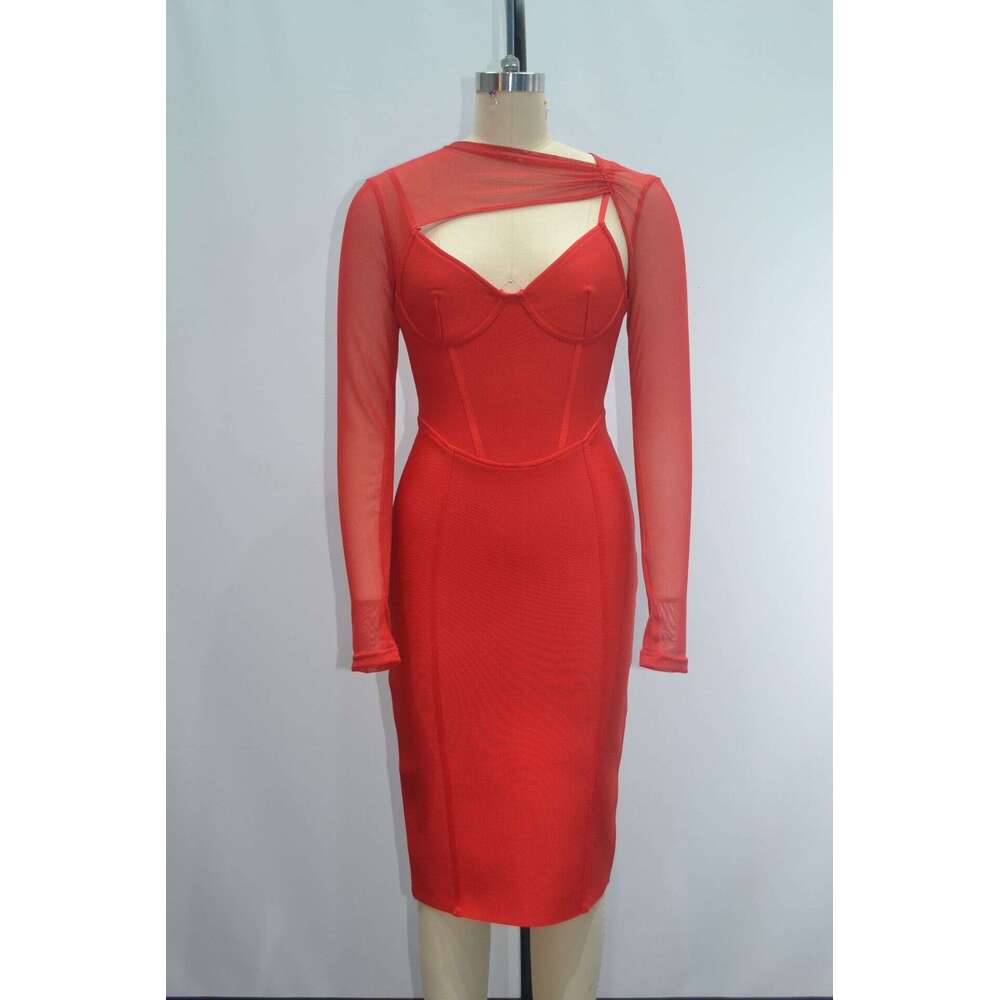 Long Dress Fashion Women S Clothing Celebrity Style Mesh Patchwork Hollow Out Long Sleeve Bandage Party Dress Sexy Long Skirt