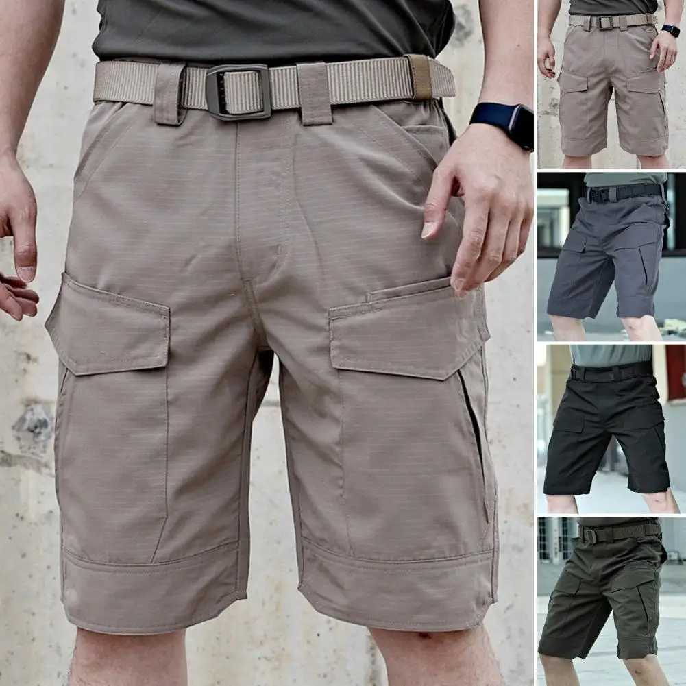 Solid Color Casual Shorts Mens Summer Cargo Shorts with Elastic Waist Multiple Pockets Wear-resistant Fabric for Outdoor W250621