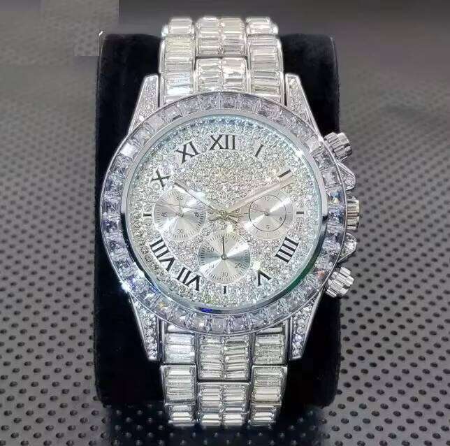 Luxury Hip Hop Watch for Men, Fully Iced Out, Bling Diamond, Silver Stainless Steel Band, Waterproof Quartz Movement, 5mm Antique Ca