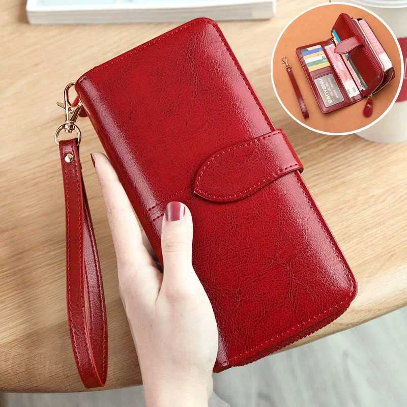 Genuine Leather Fashion Womens Long Wallet Large Capacity Card Holder Wallet Female Purse Multi Functional Red Wristlet Wallets W250620