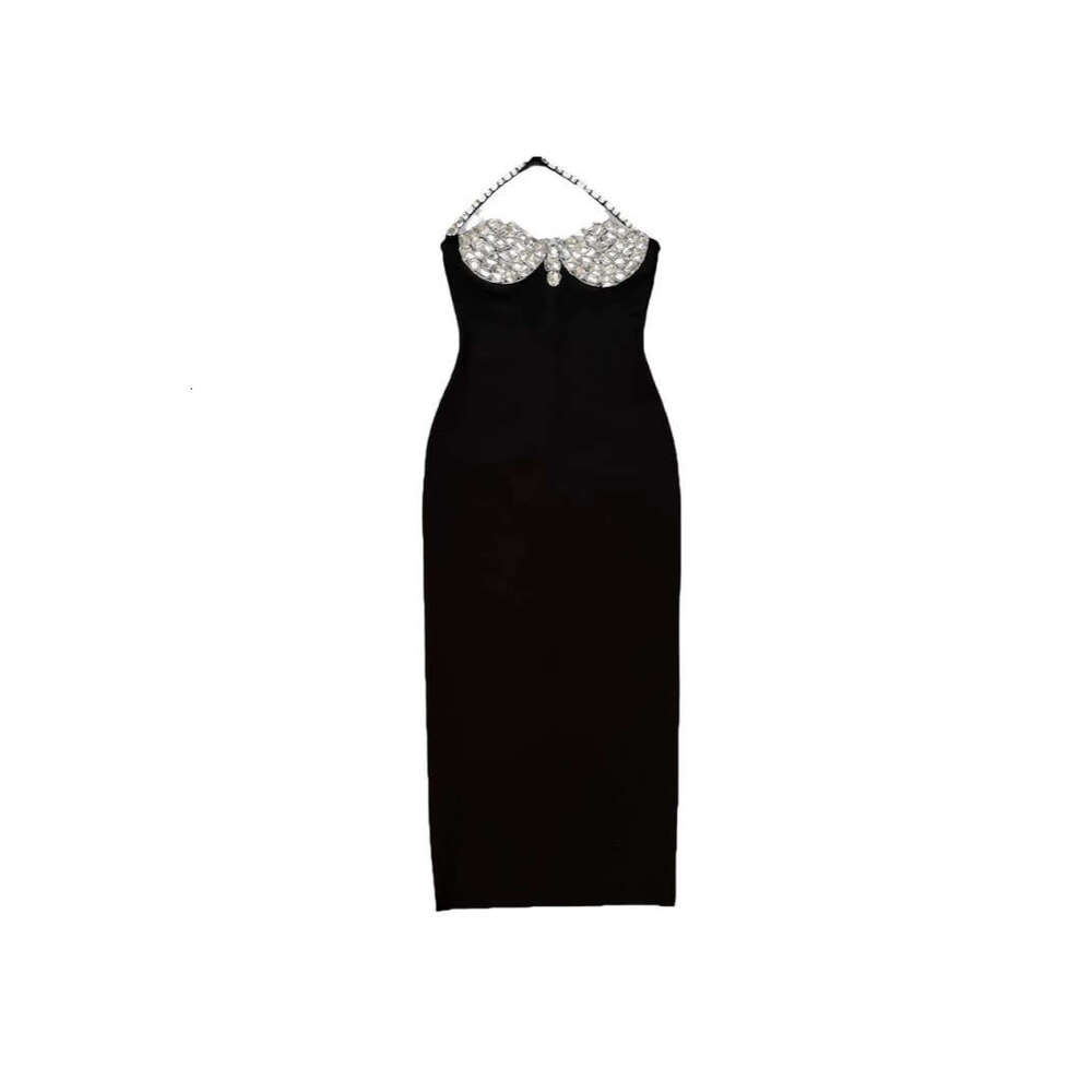 Long Dress Autumn Women S Hot Sale Black Rhinestone Halter Neck Sexy Backless Celebrity Stage Performance Bandage Dress Sexy Long Skirt