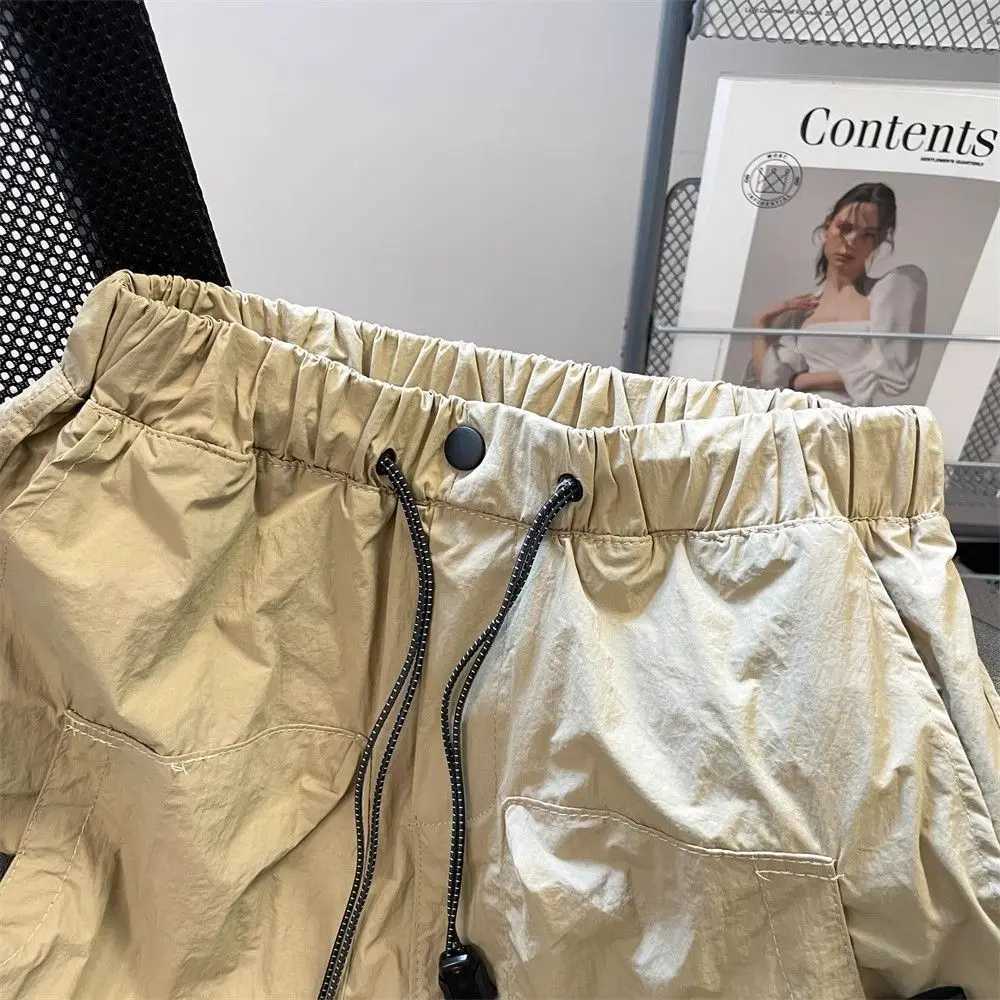 Male Short Pants Multi Pocket Khaki Loose Elastic Waist Mens Cargo Shorts Wide Japanese Street Style Streetwear Comfortable Y2k W250705