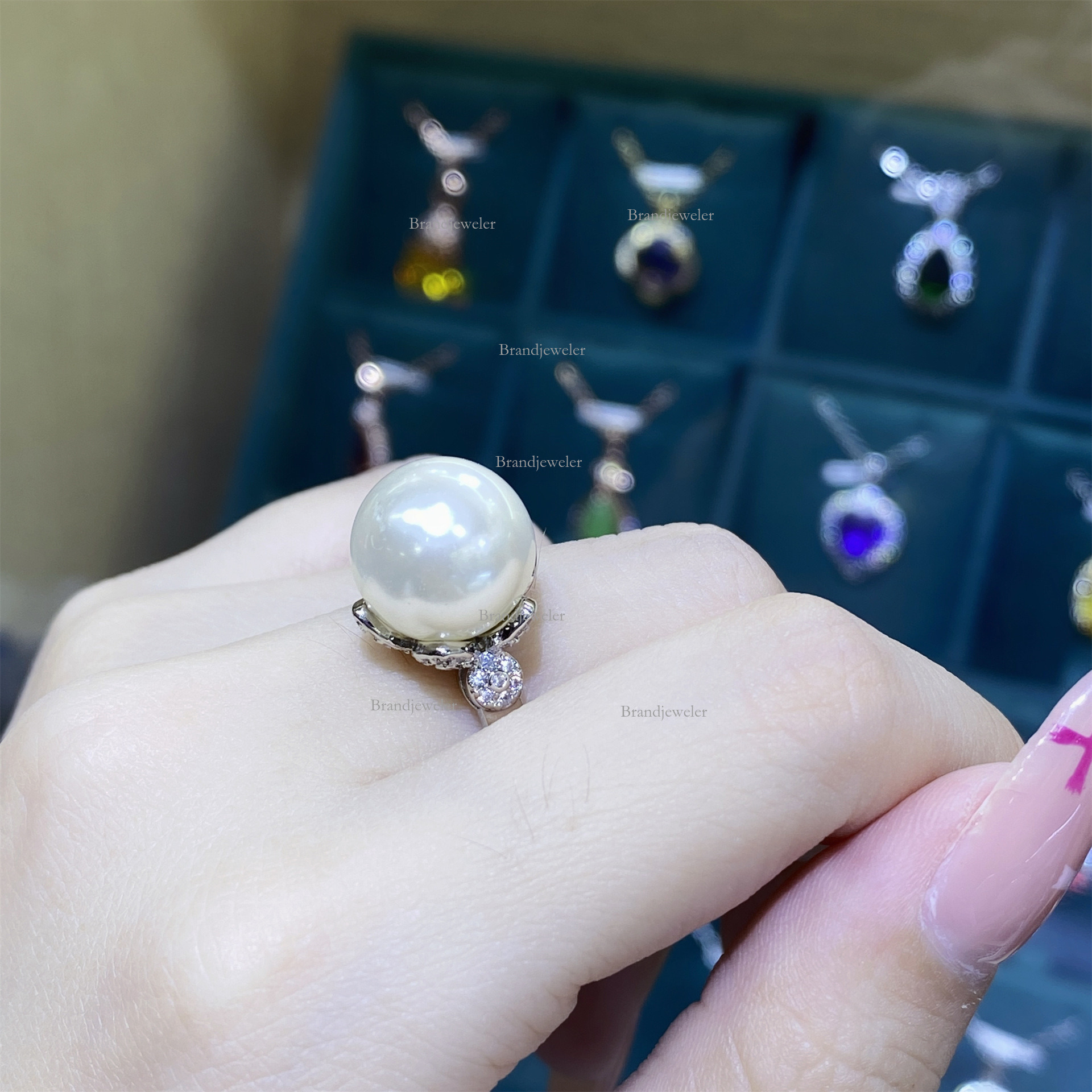 Natural Free Delivery Agate Chalcedony Shell Pearl Comparable To Pearl Full Diamond Open 25 New Model Ring For Designer Necklace Women Versatile Penda - view 8