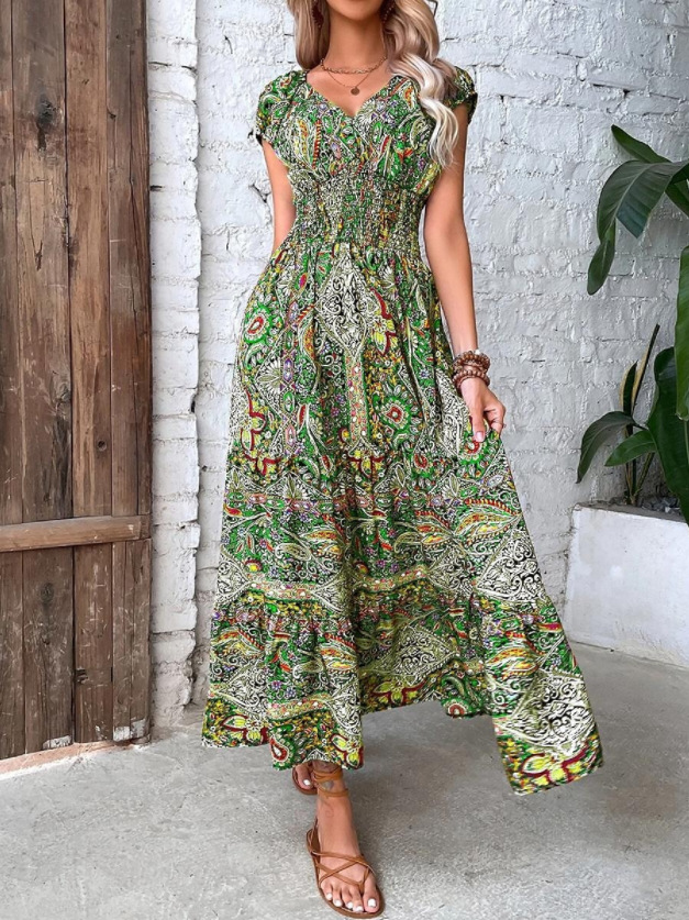 L6212Women's Bohemian 2023 new V-neck long skirt waist floral print big swing dress