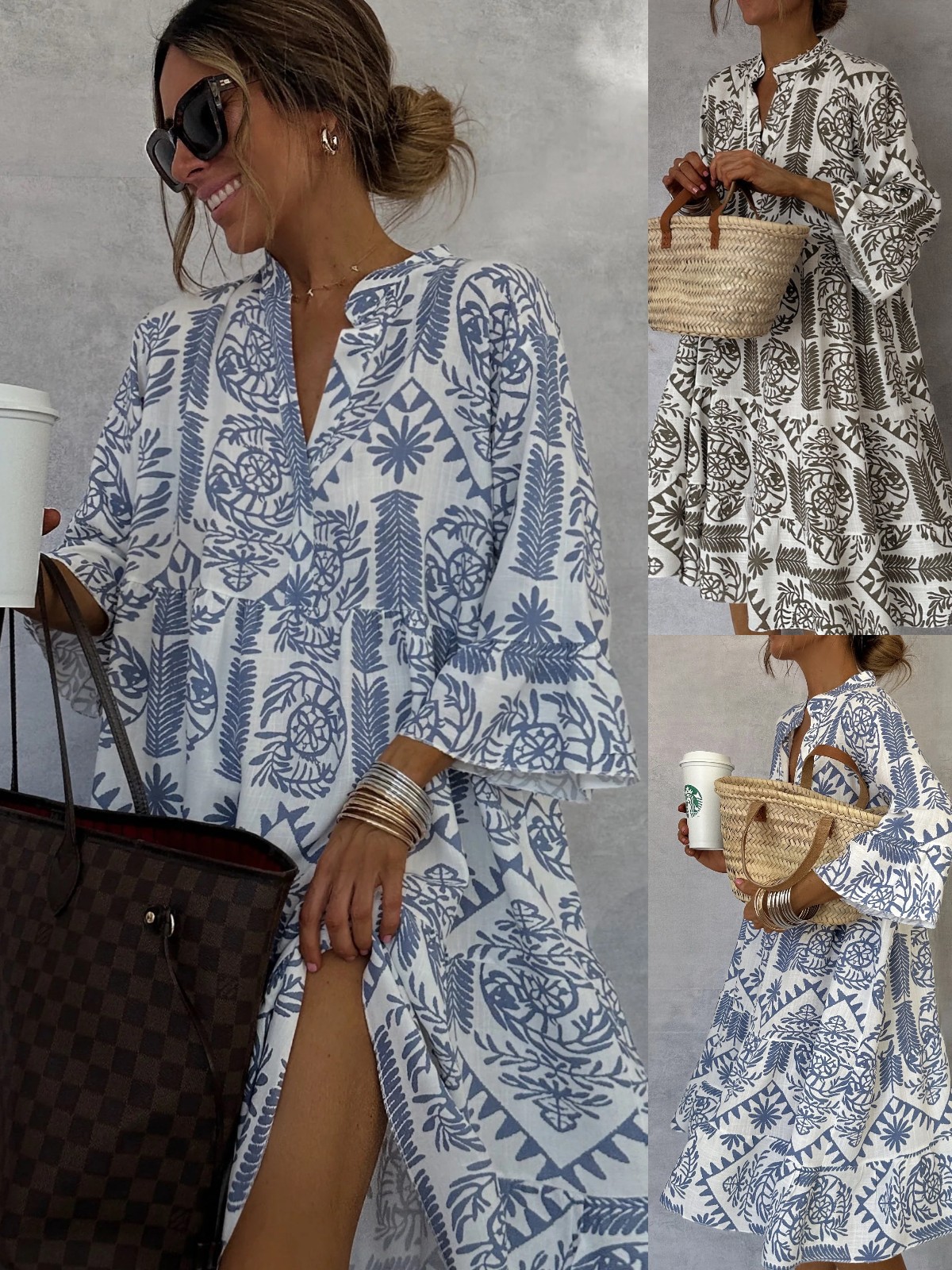 P621New style dress ins net red same style casual print three-quarter sleeve shirt dress for women
