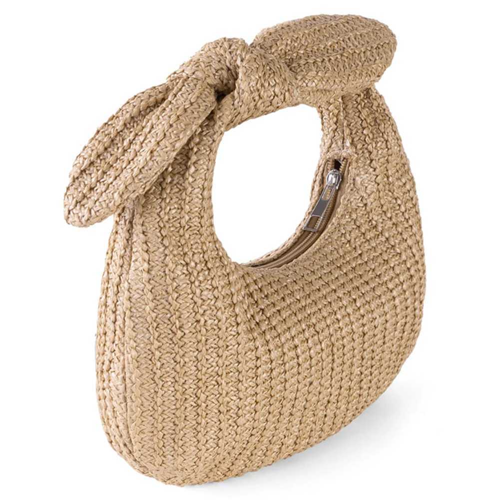Summer Straw Woven Clutch Purse with Bow Womens Knotted Beach Dumpling Handbag 2024 New Half Moon Handmade Knitting Banquet Bag XJ250620