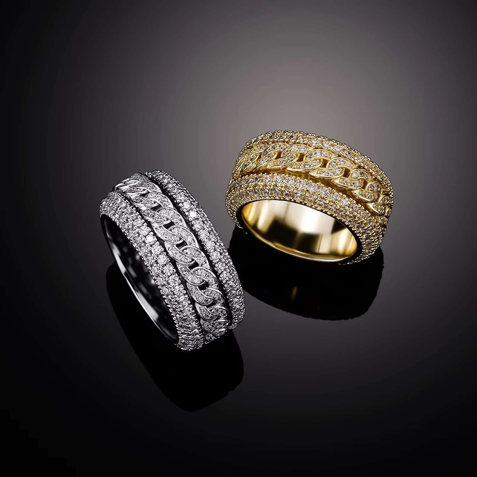 European American Trendy Exquisite Rotating Cuban Ring Full Diamond Copper Inlaid Zircon Wholesale Gold Main Brass
