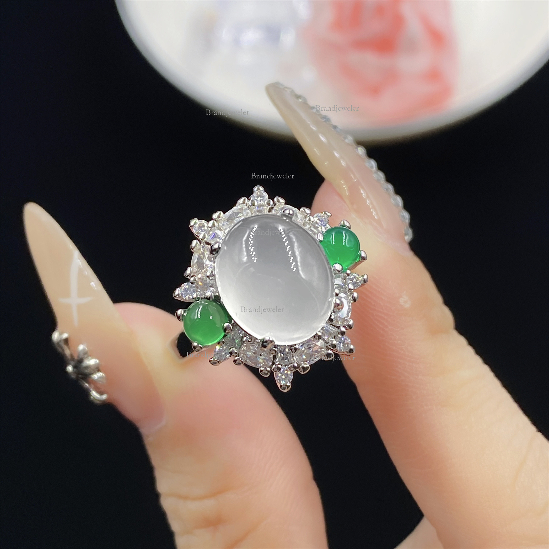 Model Natural White Chalcedony Gray Agate Free Delivery Three-piece Set Full Diamond Open Ring For Women Elegant Luxurious Designer Necklace Pendant E