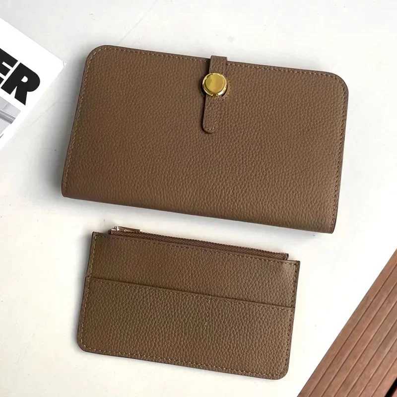 Genuine leather long ladys handbag with multiple compartments fashionable wallet large capacity thin passport clip gold Z250621