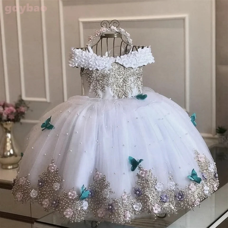Pink Baby Girls Dresses Off Shoulder Pearls Lace Butterflies Flower Girl Dress Infant First Birthday Party Gown 250619