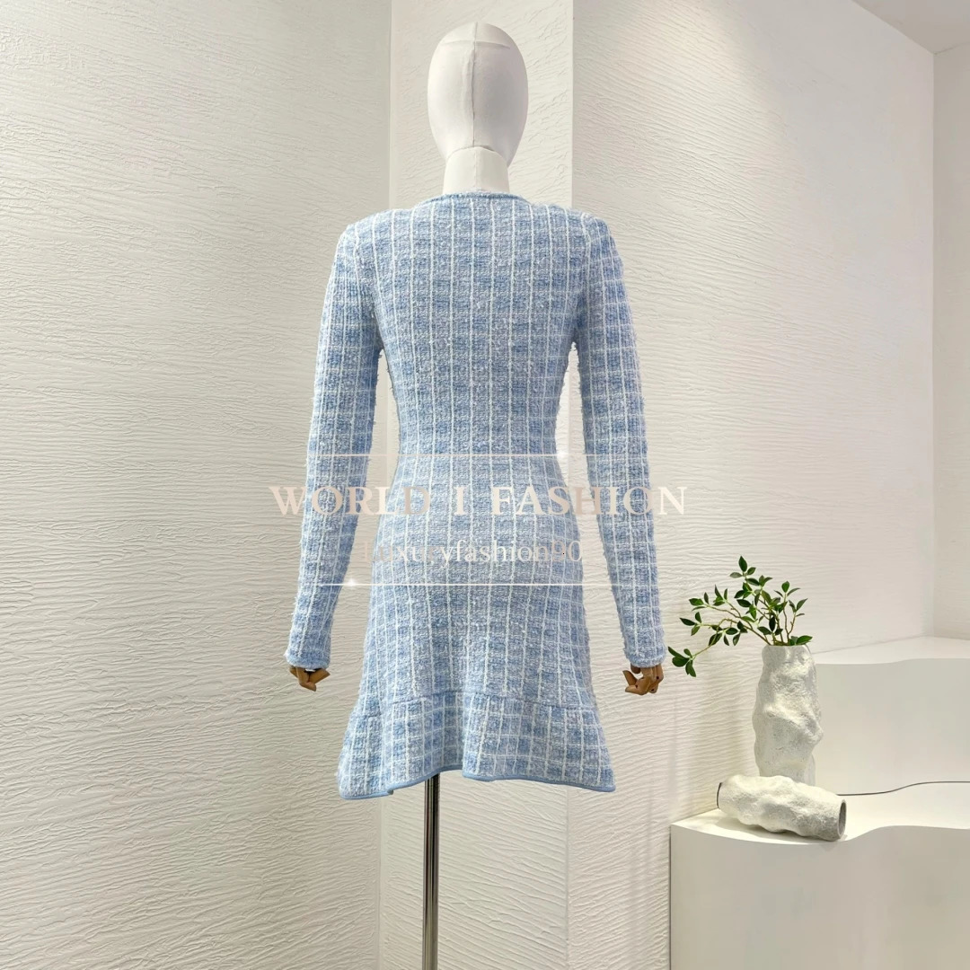 2025 Spring Elegant Womens Blue Knit Long Sleeve Bow Mini Dress High Quality 250617