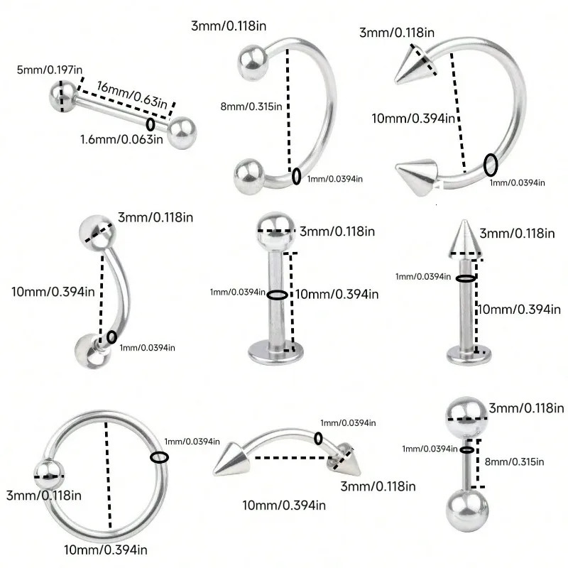 9pcs Simple Stainless Steel Lip Ring Nose Ring Nose Hoop Eyebrow Ring Set Suitable For Ladies Daily Wear 250617