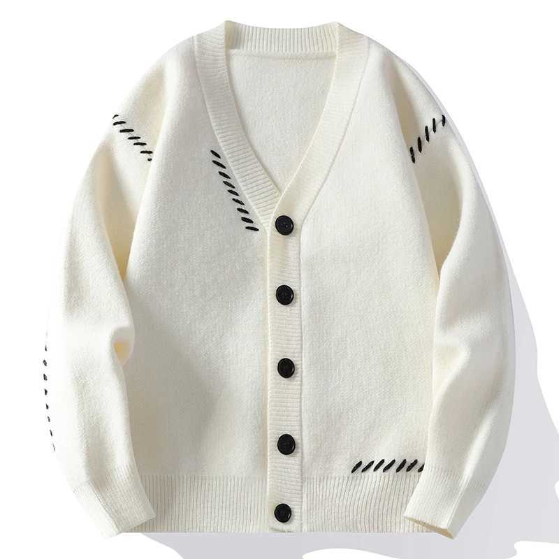 Autumn Winter V-Neck Knit Cardigan Men Harajuku Patchwork Loose Knitted Sweater Outerwear Coat Mens Fashion Casual Streetwear Z250621